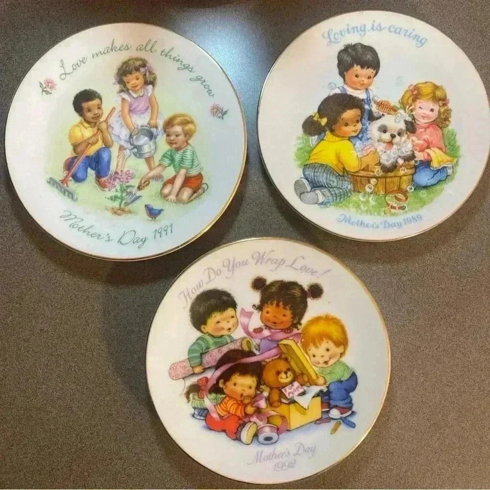 Vintage Cherished Moments Avon porcelain gold rimmed plates 1989, 1991, & 1992
